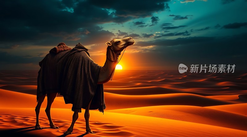 沙漠驼影日落图