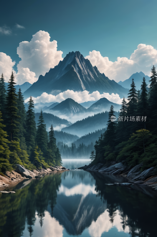 山和树倒映在前景的湖泊中高清风景插图片