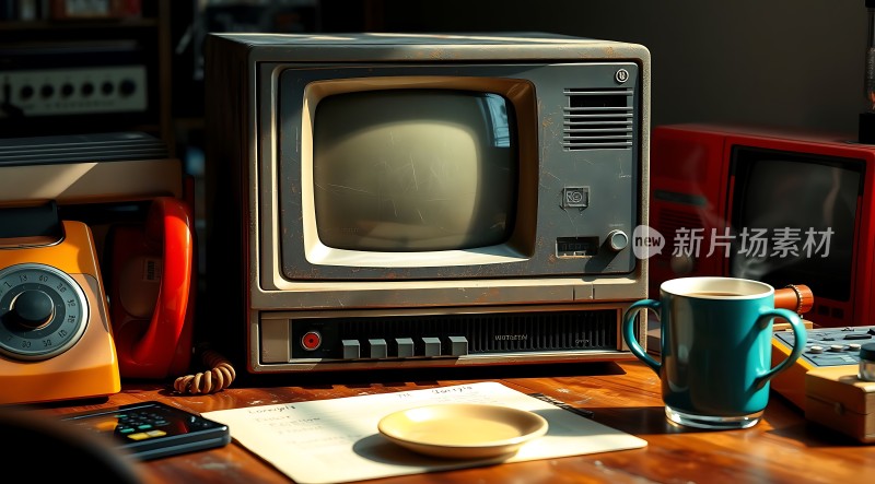 复古时光老式电视与咖啡的温馨回忆