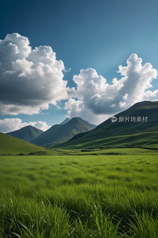 草地远处有山天空有云高清图片