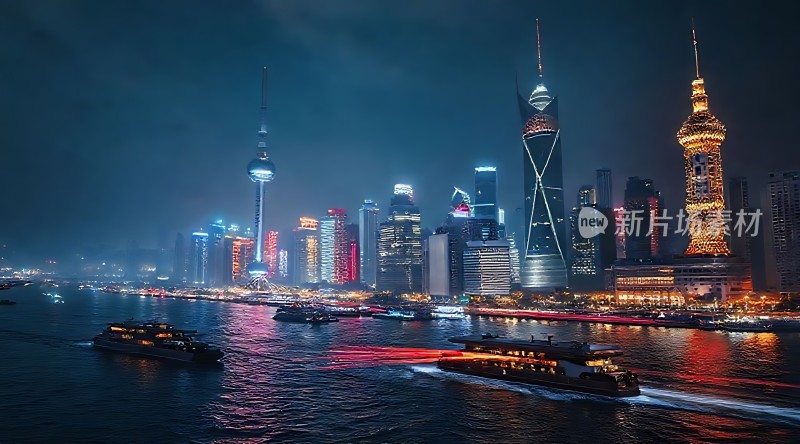 上海夜景黄浦江畔繁华都市