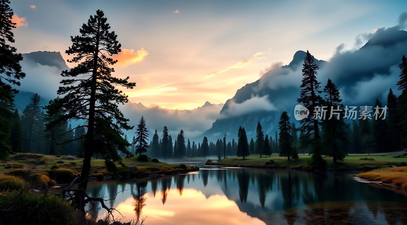 晨曦映照下的宁静湖畔风光