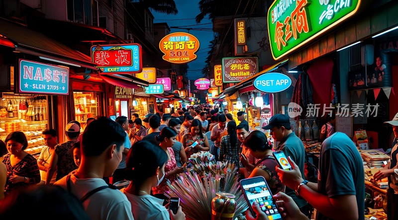 繁华夜市霓虹闪烁热闹非凡