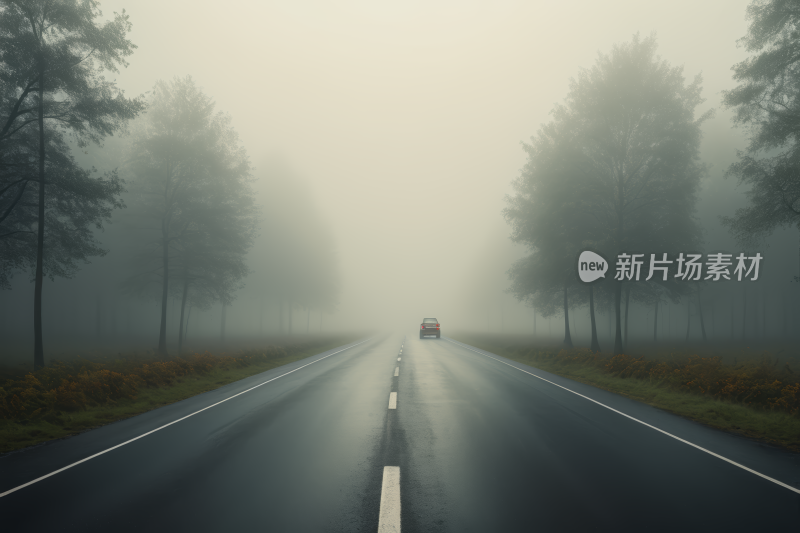 一条雾蒙蒙的道路上面一辆汽车行驶风景图片