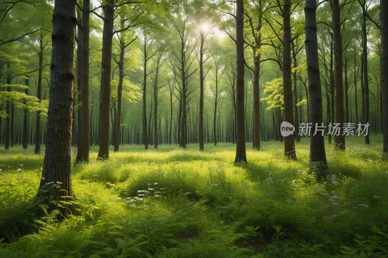 阳光透过树木照射在有蕨类植物的森林中背景