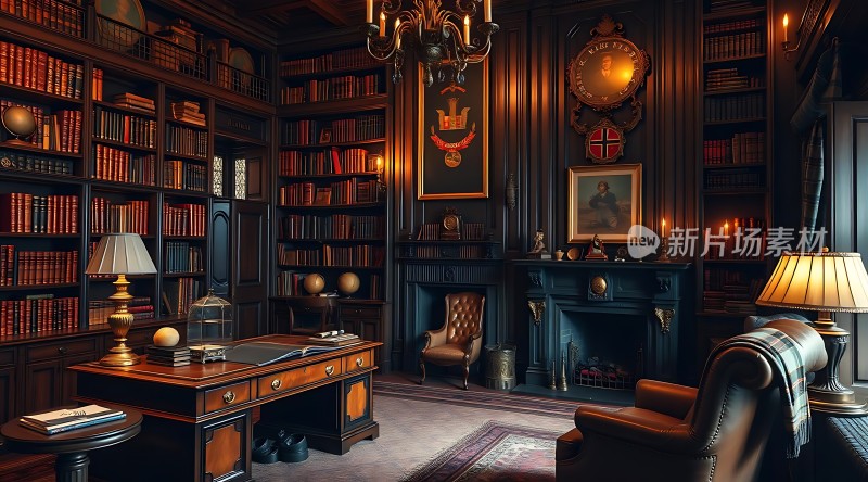 古董书房书架、壁炉、古典家具