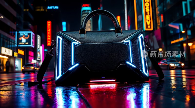 霓虹灯下的未来主义手提包