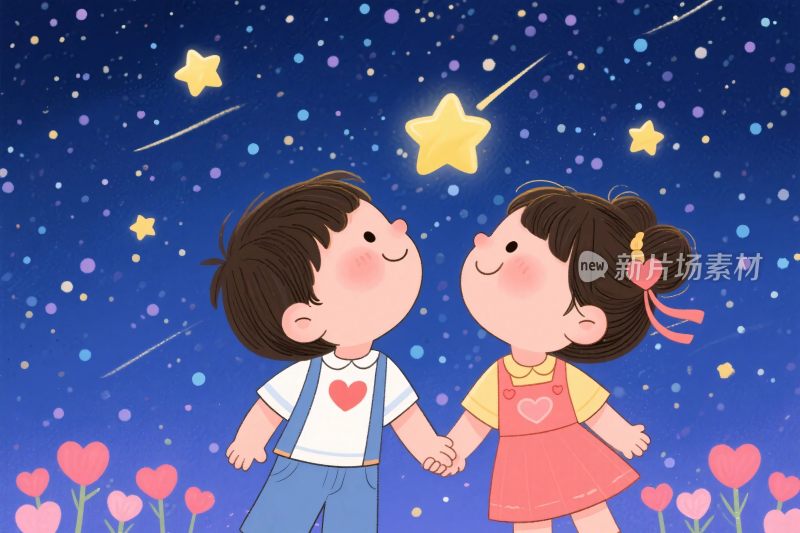 星空下牵手的小孩插画