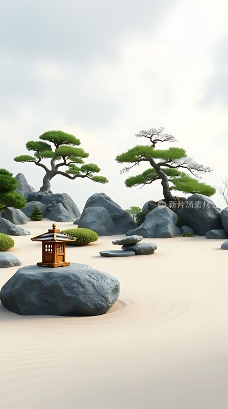 禅意小景石灯与松树