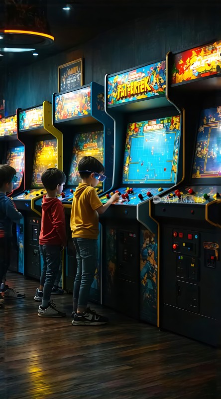 复古街机游戏厅里的孩子们