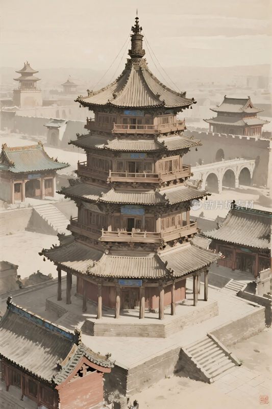 古建多层塔楼场景