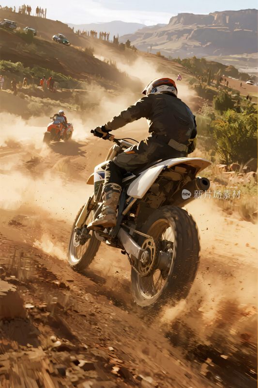 摩托车手在山地越野飞驰