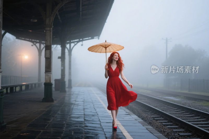 雾中红裙火车站台