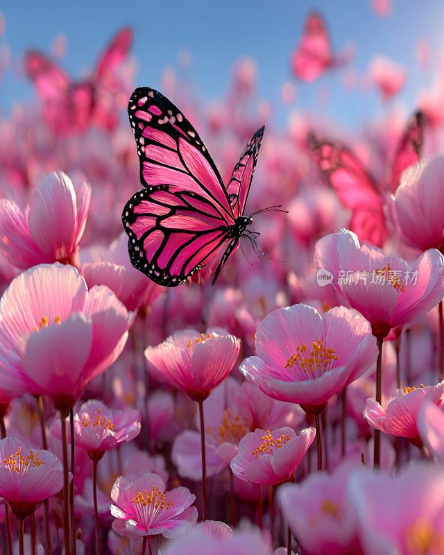 粉色花丛中飞舞的蝴蝶