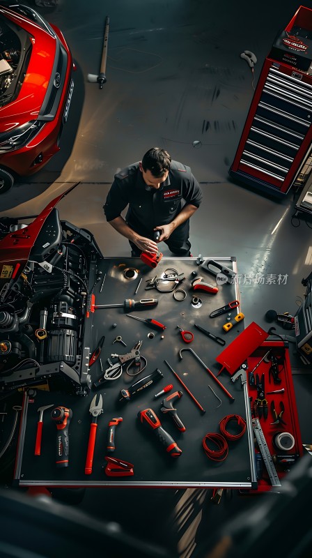 机械师专注检修车辆工具箱中琳琅满目