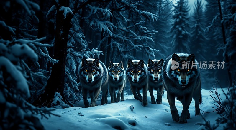雪夜狼群森林中的神秘之旅