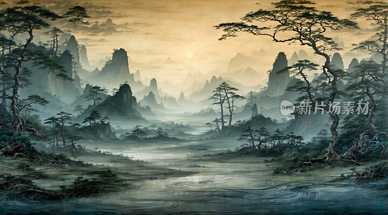 晨曦下的山水画卷