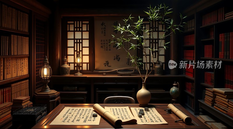 古风书房书卷墨香竹影斑驳静谧雅致
