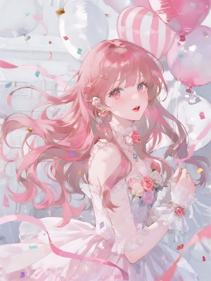 粉色长发女孩与气球 粉色长发女孩与气球