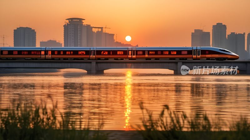 中国高铁飞驰在城市天际线