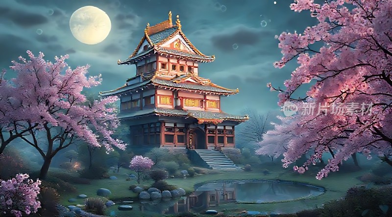 春夜楼阁月影映桃花