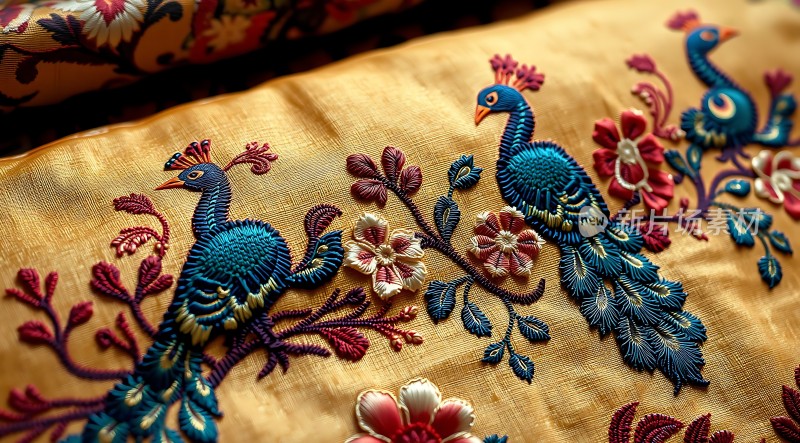 金丝绣孔雀花卉纹样