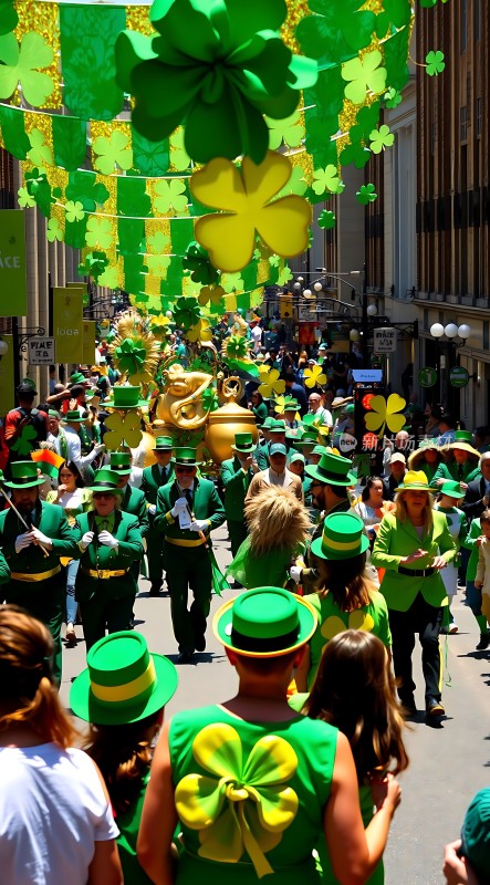 绿色狂欢节三叶草与欢乐的街头游行