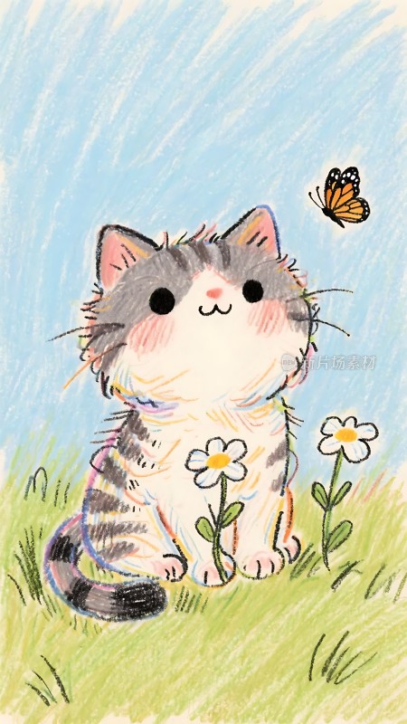 小猫与蝴蝶共舞于花丛间