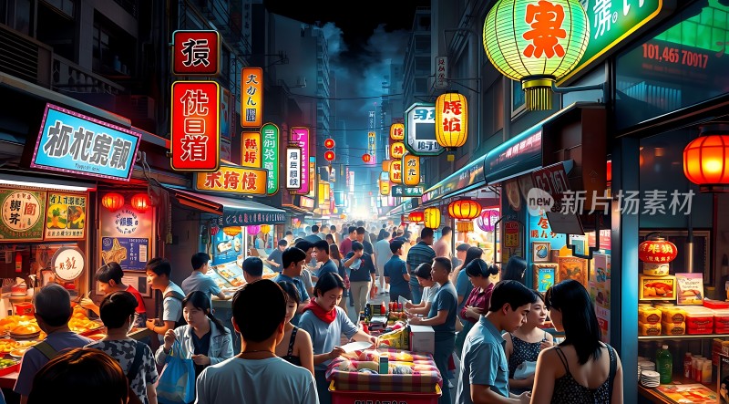 繁华夜市灯火辉煌热闹非凡