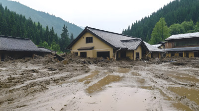 被厚厚泥浆和碎片淹没房屋