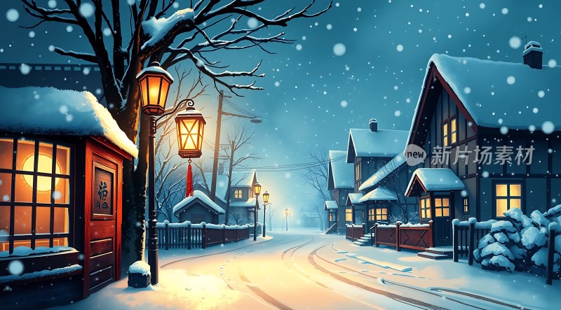 雪夜小镇温馨宁静
