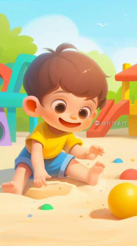 一个可爱地小男孩在游乐场的沙地里玩耍