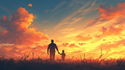 父亲节插画夕阳中的父子手牵手在草原上散步