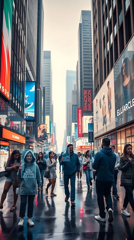繁华都市街头行人熙攘高楼林立广告牌琳琅满目