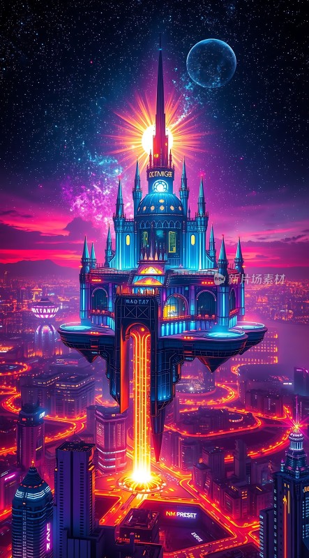 未来之城悬浮城堡与霓虹都市