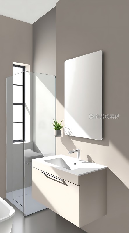 简约现代浴室设计白色洗手台与透明玻璃淋浴房