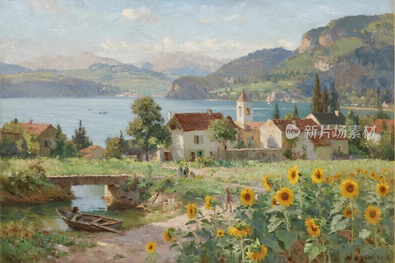 乡村湖景风景画