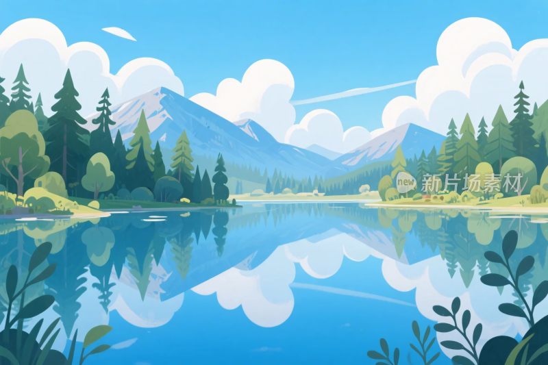 湖景森林山水插画