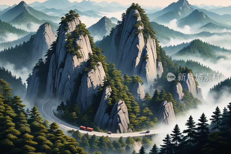 山中间一条蜿蜒的道路高清风景插画图片