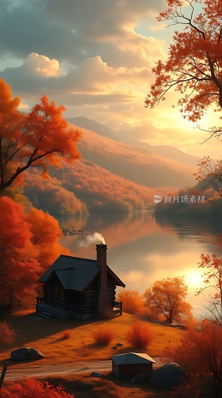 秋日湖畔小木屋