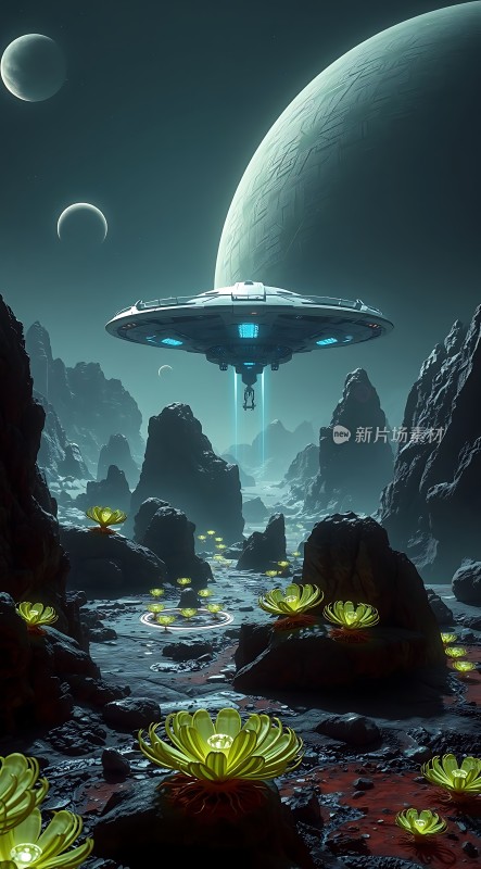 外星探索神秘飞船与异域花朵