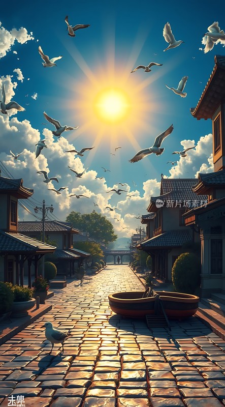 阳光下的古街与飞翔的海鸥