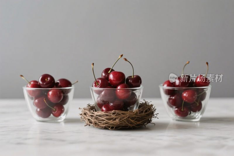 透明杯樱桃与鸟巢