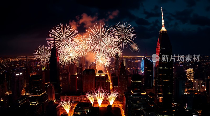 璀璨烟花点亮夜空下的繁华都市