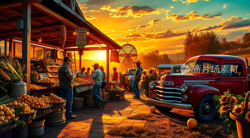 日落下的乡村集市与复古卡车