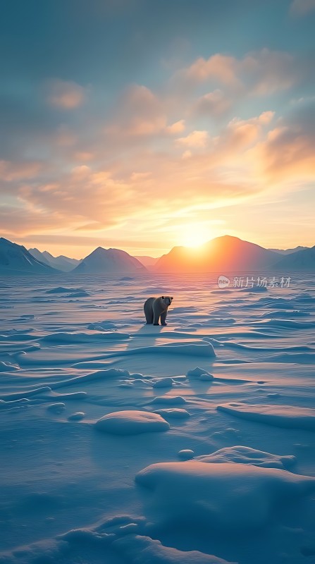 极地孤熊日落雪原