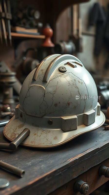 磨损的安全帽与工作台上的工具