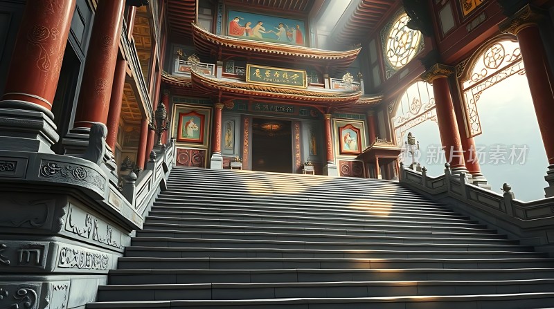 东方宫殿宏伟阶梯阳光洒落尽显古韵之美