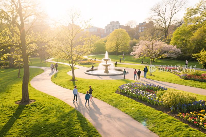 公园喷泉与步道风景