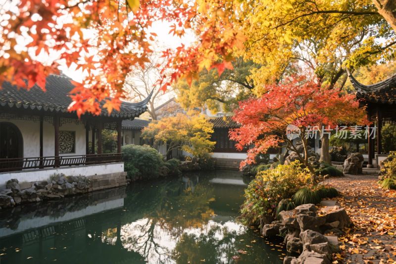 中式古典园林秋景